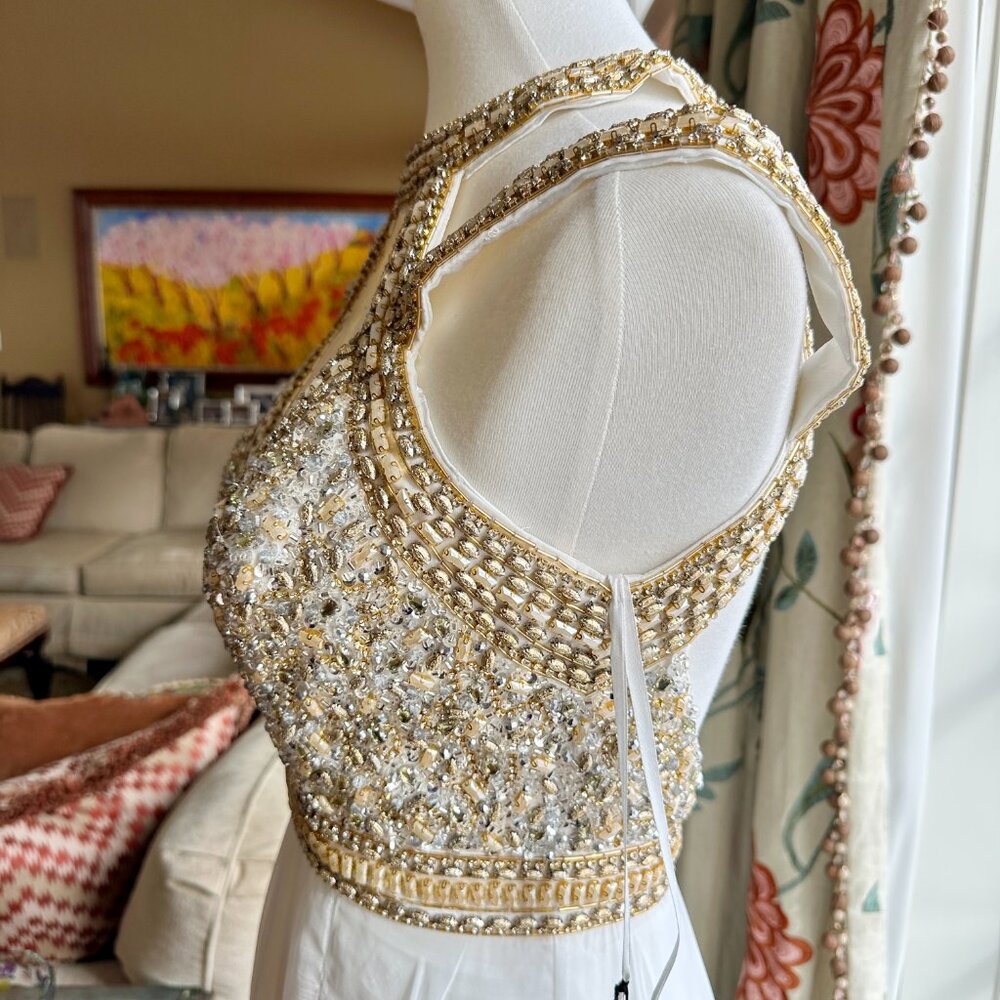 Mac Duggal - Beaded Cutout Bodice Chiffon - Gold & White Gown - NWT - Size 2 - Picture 6 of 15